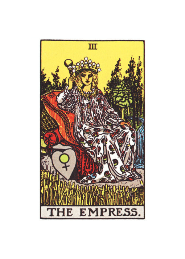 A detailed illustration of The Empress Tarot Card, highlighting her crown, scepter, and lush surroundings